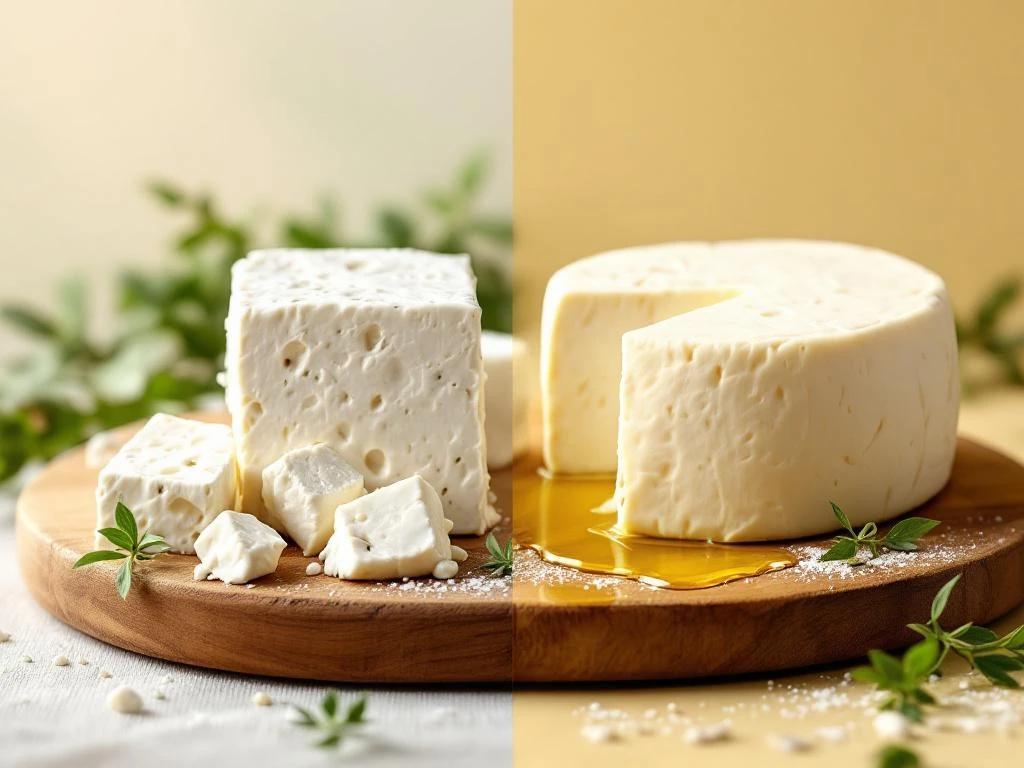 Witte Feta En Geitenkaas Op Rustieke Houten Planken Met Verse Kruiden En Olijfolie Druppels