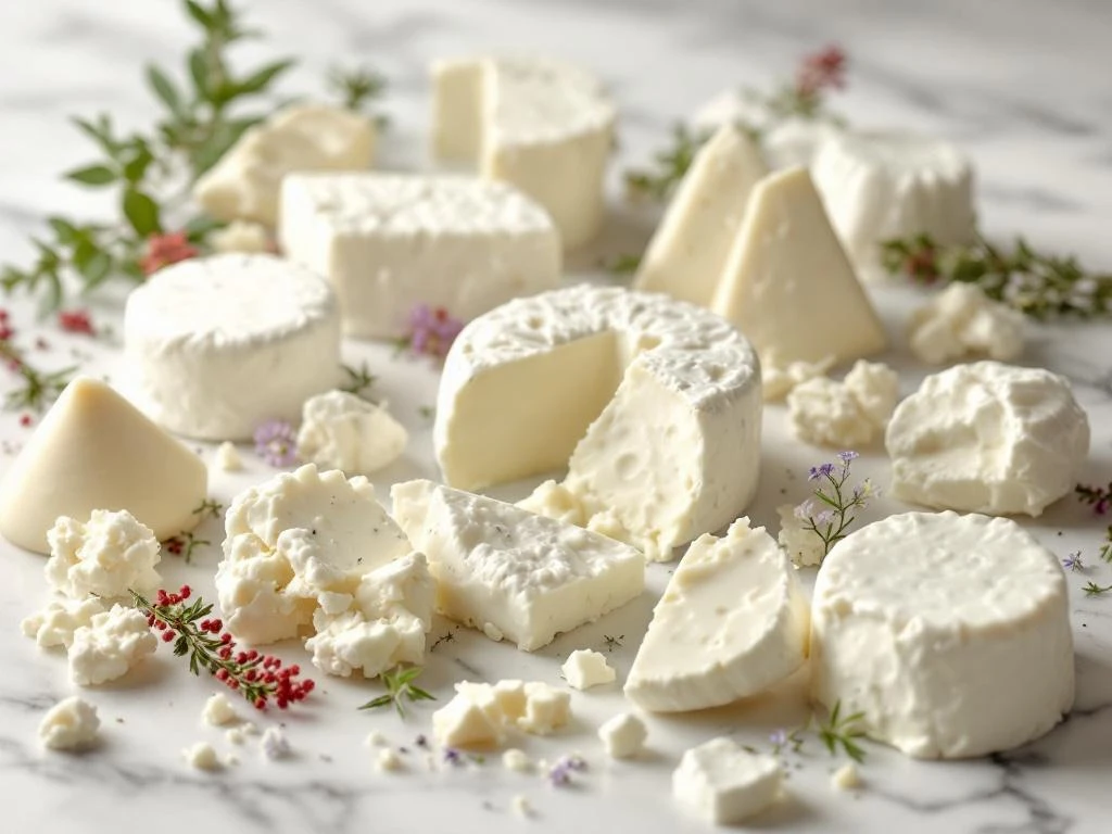 Assorted white goat cheese varieties in different shapes arranged on marble surface with fresh herbs and flowers