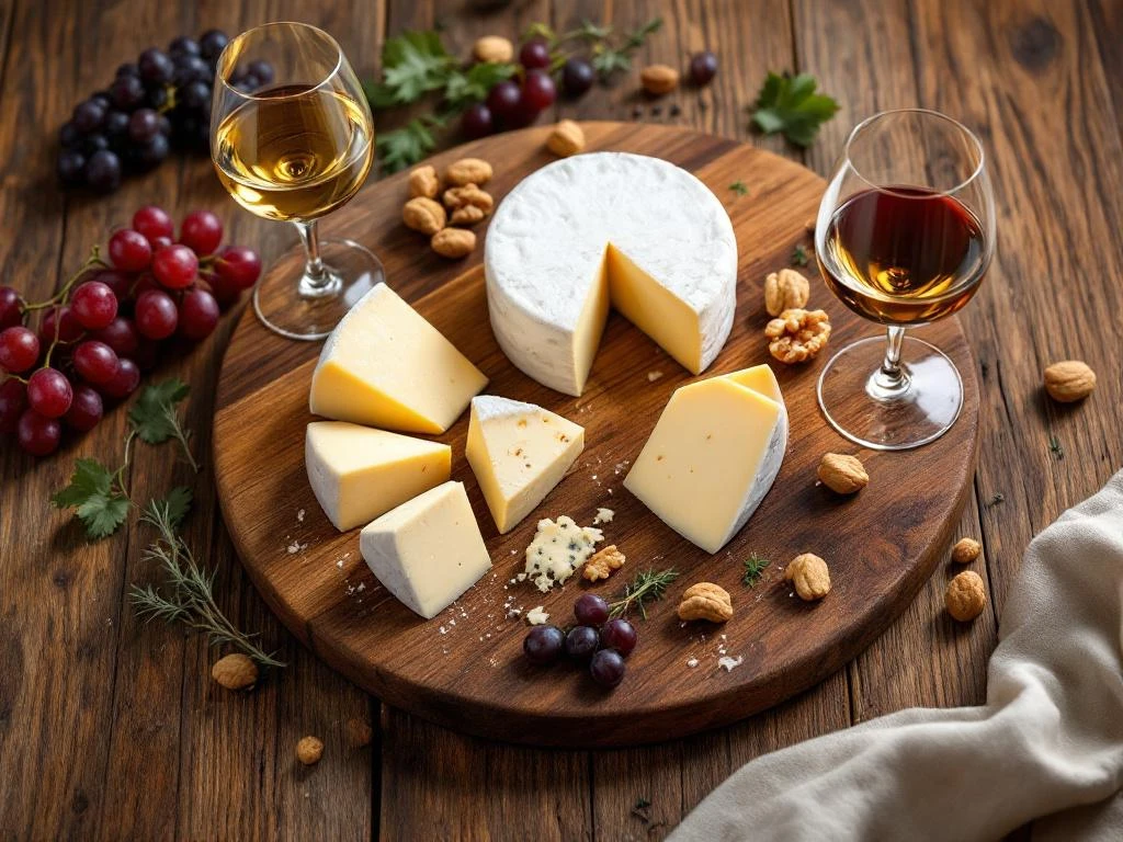 Artisanal wooden cheese board with creamy goat cheese wheels, wine glasses with white and red wine, grapes and walnuts