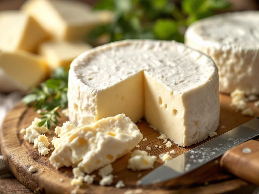 Creamy white goat cheese wheels and wedges on rustic wooden board with fresh herbs and artisanal knife nearby