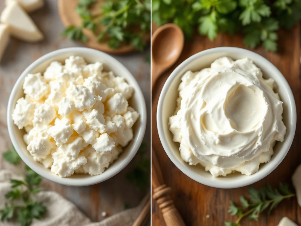 Two white ceramic bowls on wooden surface containing cottage cheese and goat cheese with fresh herbs and wooden spoon