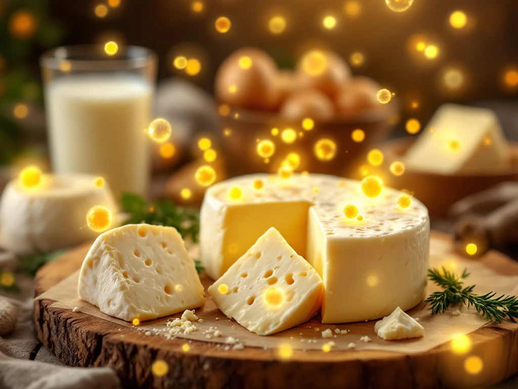 Artisanale geitenkaas wielen op houten plank met zwevende probiotische bacteriën als gloeiende bollen, kruiden en melk