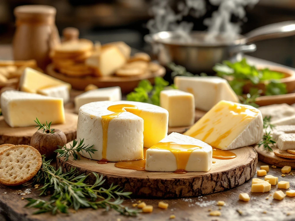 Artisanal goat cheese wheels and wedges on wooden boards with honey drizzle, fresh herbs, and crackers in kitchen setting.