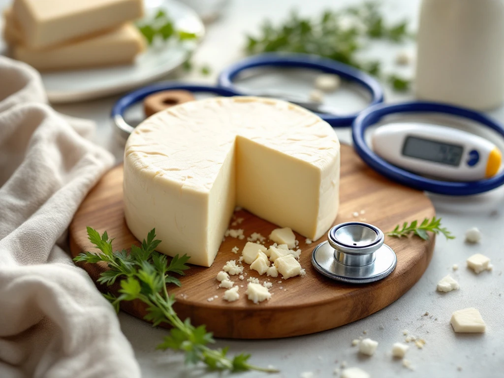 Wheel of white goat cheese on wooden cutting board with stethoscope, herbs, and glucose meter in health-focused setting.