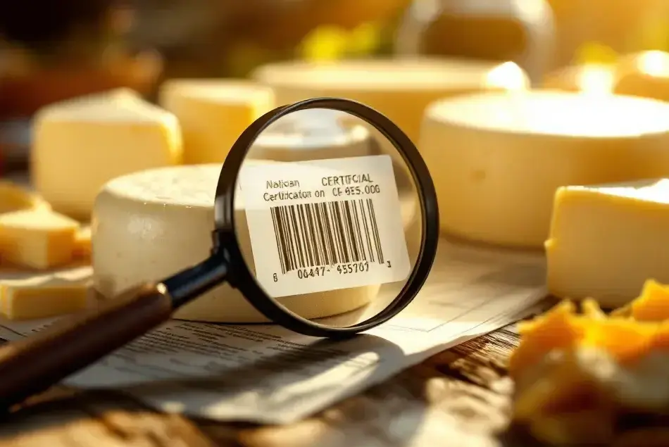 Artisanal Goat Cheese Wheels On Wooden Surface With Certification Documents And Magnifying Glass Over Barcode Label