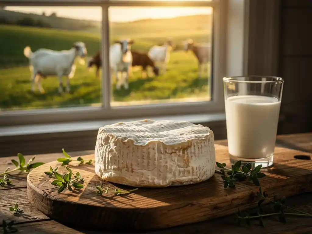 Artisanale geitenkaas op houten plank met verse kruiden en melkglas, grazende geiten in weiland op achtergrond