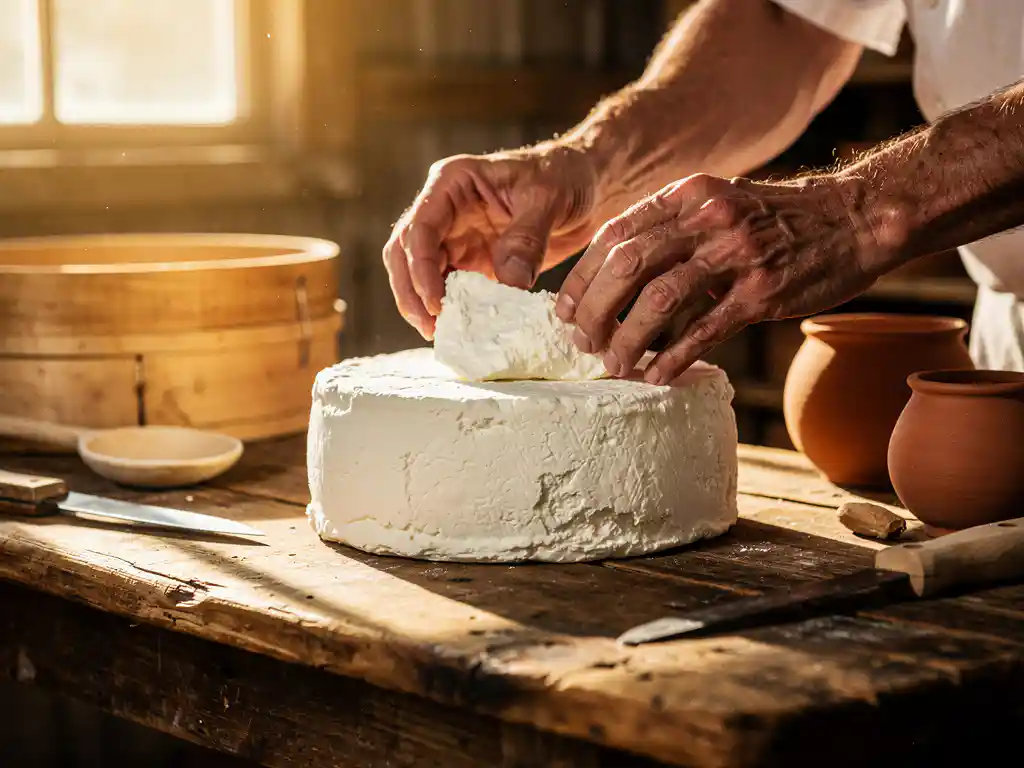 Kaasmaker onderzoekt verse witte geitenkaas op rustieke houten rijpingstafel omringd door traditionele Nederlandse kaasgereedschappen