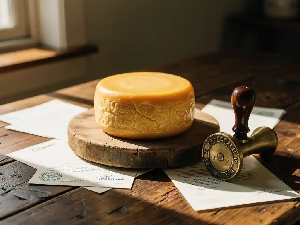 Artisanale geitenkaas met gouden waslaag op rustieke houten snijplank met goedkeuringsdocumenten en vintage stempel