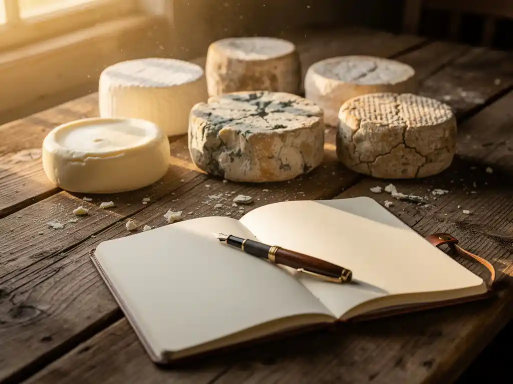 Artisanale geitenkazen op rustieke houten tafel met open leren notitieboek en vulpen in warm zonlicht