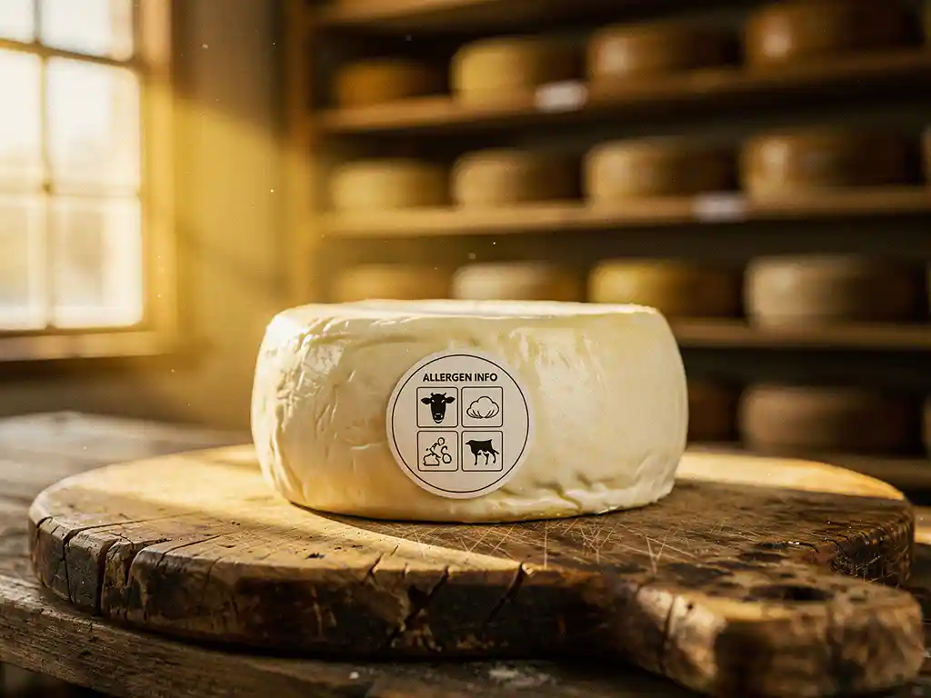 Artisanale geitenkaas met witte etiket op rustieke houten snijplank in traditionele Nederlandse kaasrijpingskamer