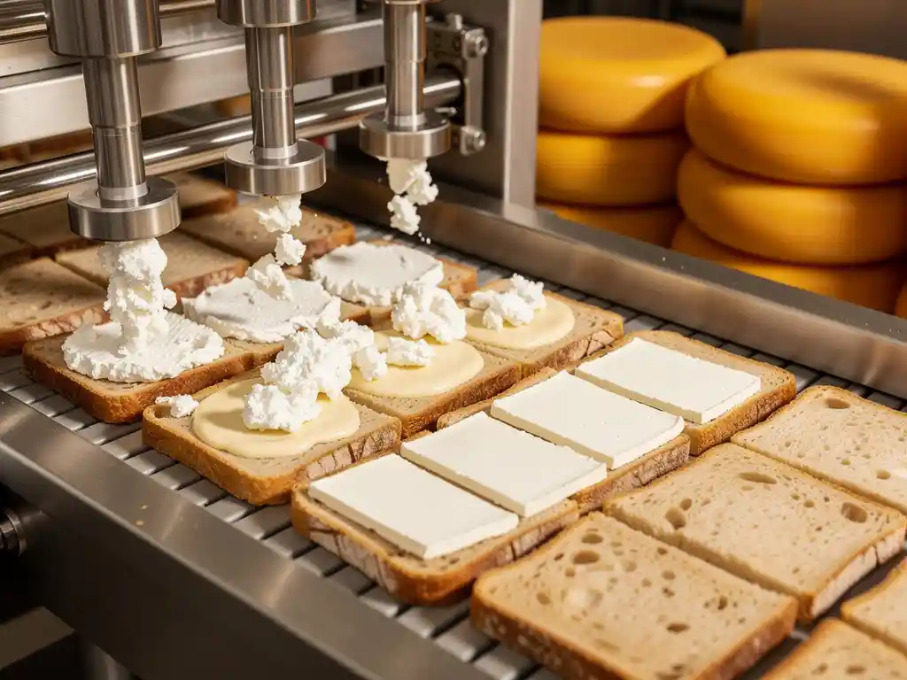 Geautomatiseerde broodlijn die verse witte geitenkaas, smeerbare kaas en gesneden kaas precies op ambachtelijk brood aanbrengt