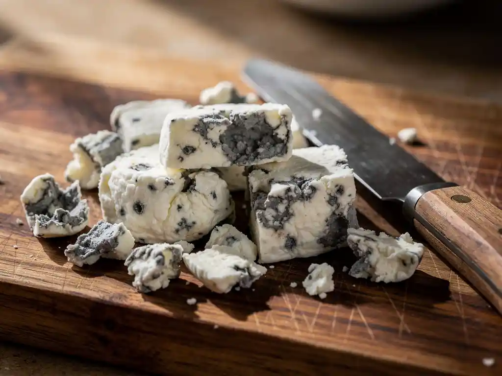 Verkruimelde witte geitenkaas met donkere vlekken en grijze verkleuring op rustieke houten snijplank met kaasmes