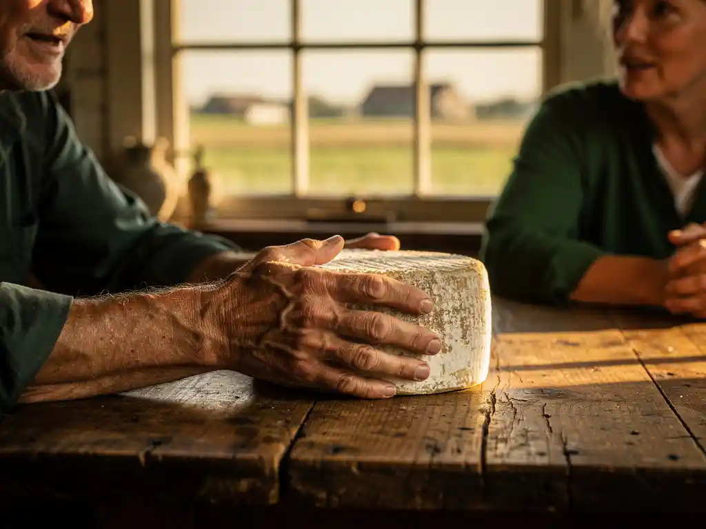 Boer houdt rijpe geitenkaas met natuurlijke korst aan rustieke houten tafel in Nederlandse boerderij