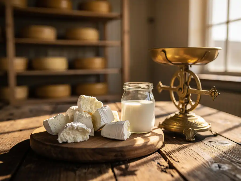 Houten proefplank met verkruimelde witte geitenkaas naast glazen potje en vintage messing weegschaal in traditionele Nederlandse kaasmakerij