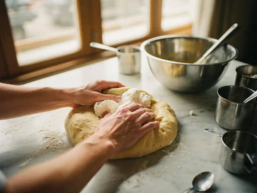 Bakker kneedt geitenkaas door goudgeel brooddeeg op bemeelde marmeren werkblad met mengkommen en gereedschap
