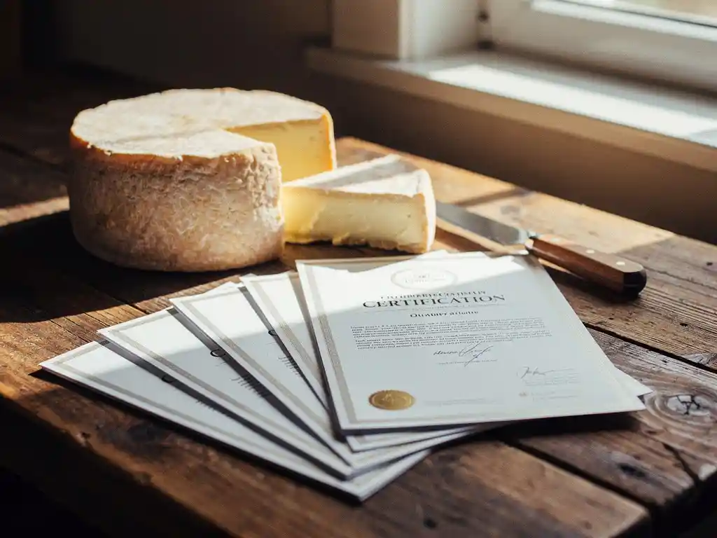 Stapel kwaliteitscertificaten en documenten op houten tafel naast artisanale geitenkaas met traditioneel kaasmes