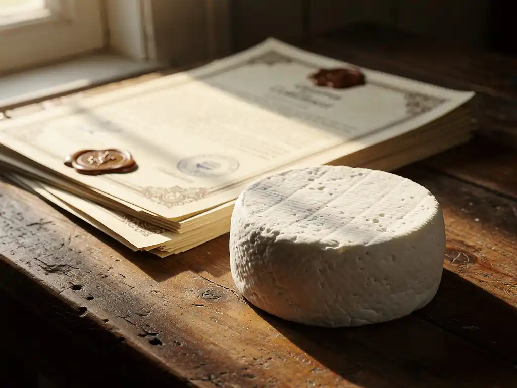 Stapel officiële certificaten met stempels naast verse witte geitenkaas op rustieke houten tafel in boerderijkeuken