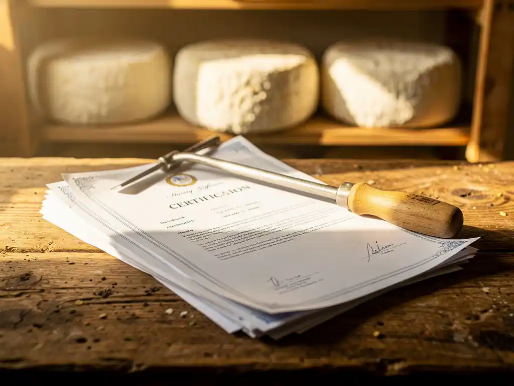Certificeringsdocumenten en kwaliteitsinspectiepapieren op houten kaasrijpingstafel met geitenkaaswielen op achtergrond