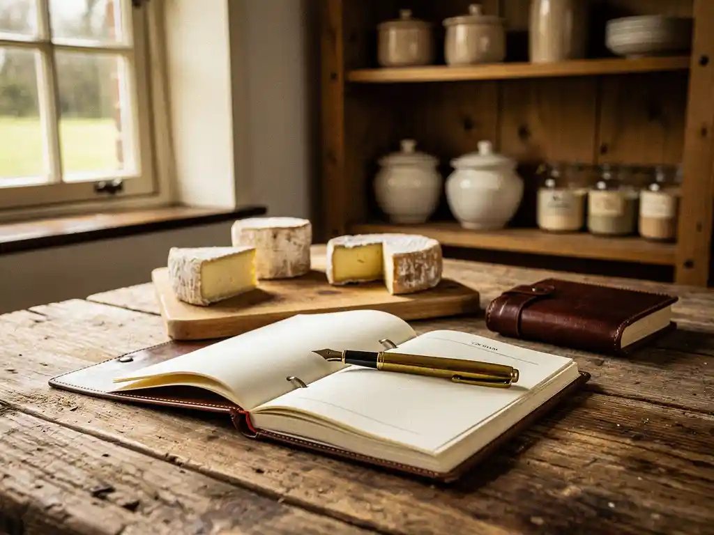 Verweerde houten boerderijtafel met opengeslagen leren contract, artisanale geitenkaaswielen en vintage vulpen in rustieke Nederlandse keuken