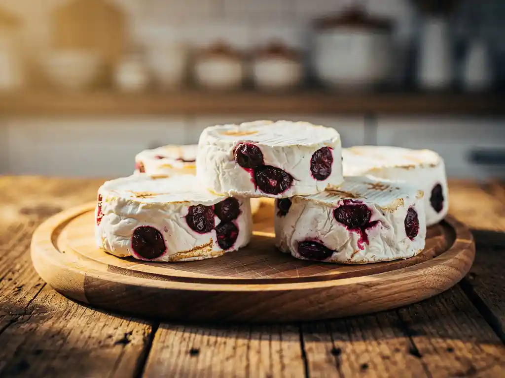 Houten kaasplank met artisanale geitenkazen met cranberry's en kaneel op rustieke eiken ondergrond