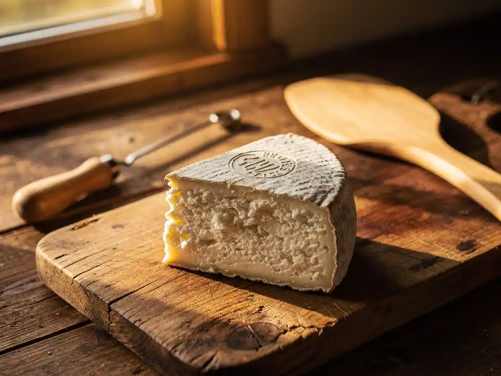 Gerijpte geitenkaas met EU-keurmerk op rustieke houten snijplank met traditionele Nederlandse kaasgereedschappen