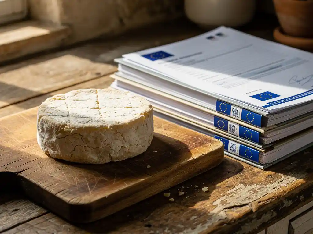 Artisanale geitenkaas met natuurlijke korst op houten snijplank naast Europese regelgevingsdocumenten in boerenkeuken
