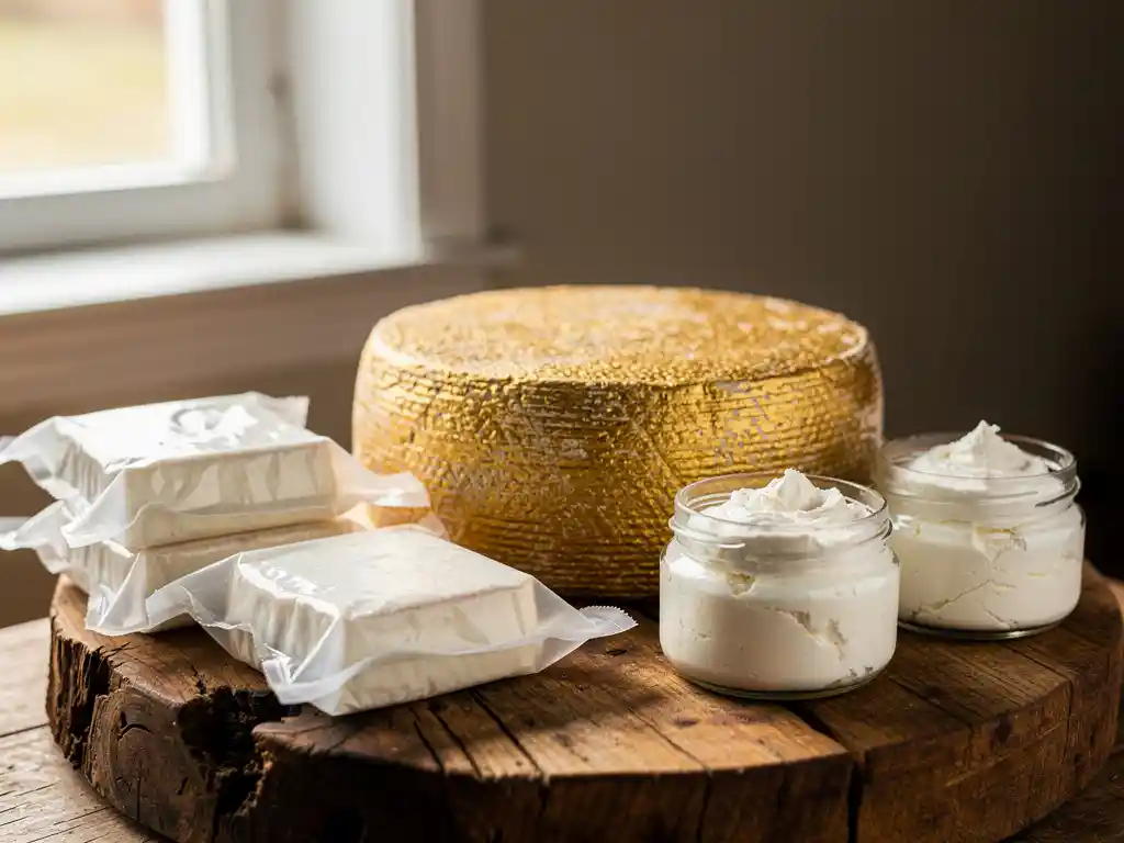 Geitenkaas wiel met natuurlijke korst naast vacuüm verpakte porties en verse kaas in glazen potten op houten rijpingsplank