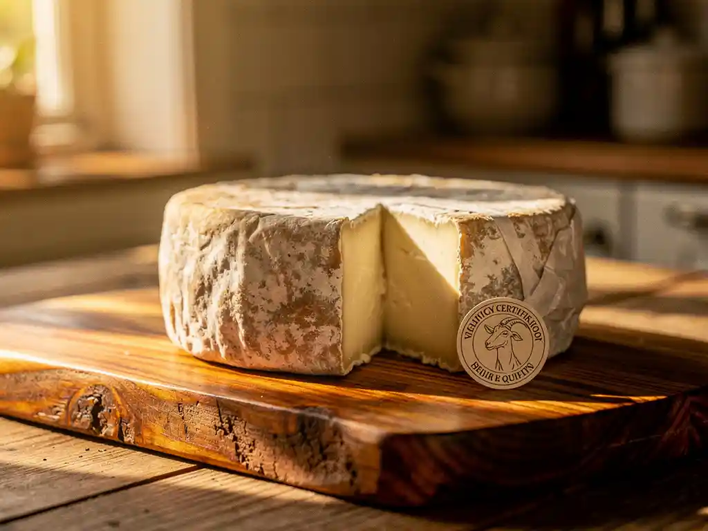 Gerijpte geitenkaas met natuurlijke korst op rustieke houten snijplank in traditionele Nederlandse boerenkeuken