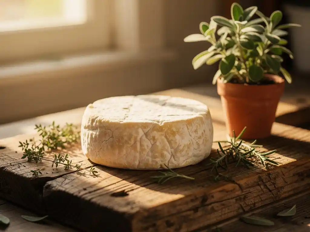 Gerijpte geitenkaas met natuurlijke korst op houten snijplank met verse kruiden en zonlicht door raam