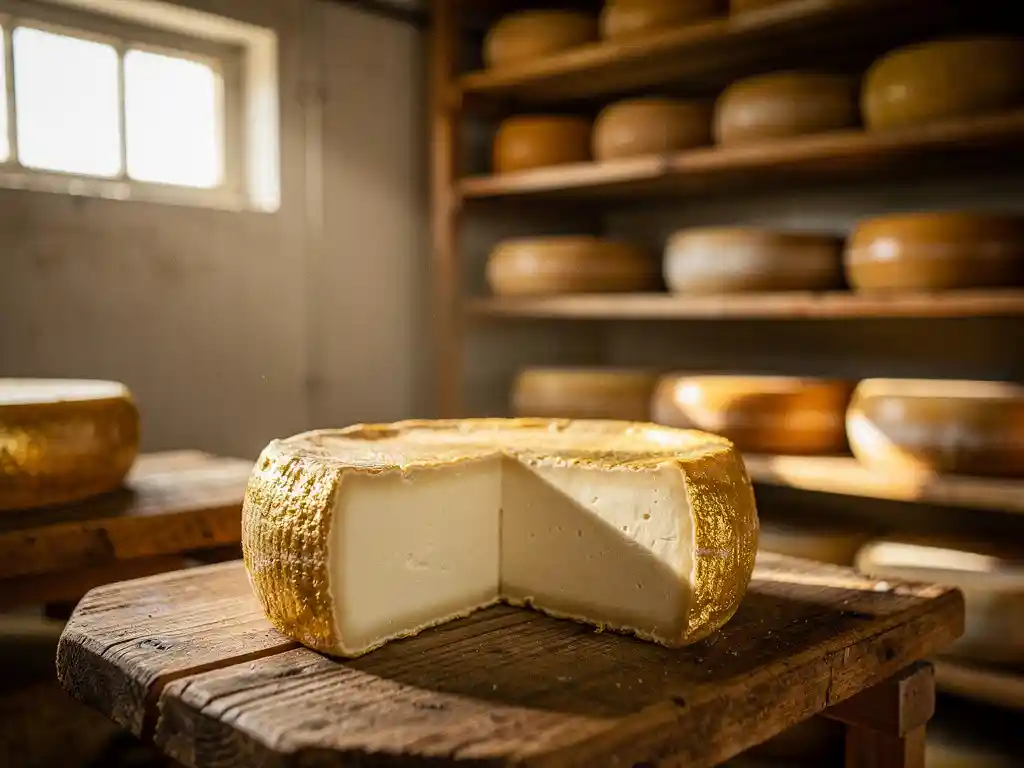 Gerijpte geitenkaas met natuurlijke korst op verweerde houten planken in traditionele Nederlandse kaasrijpingsruimte