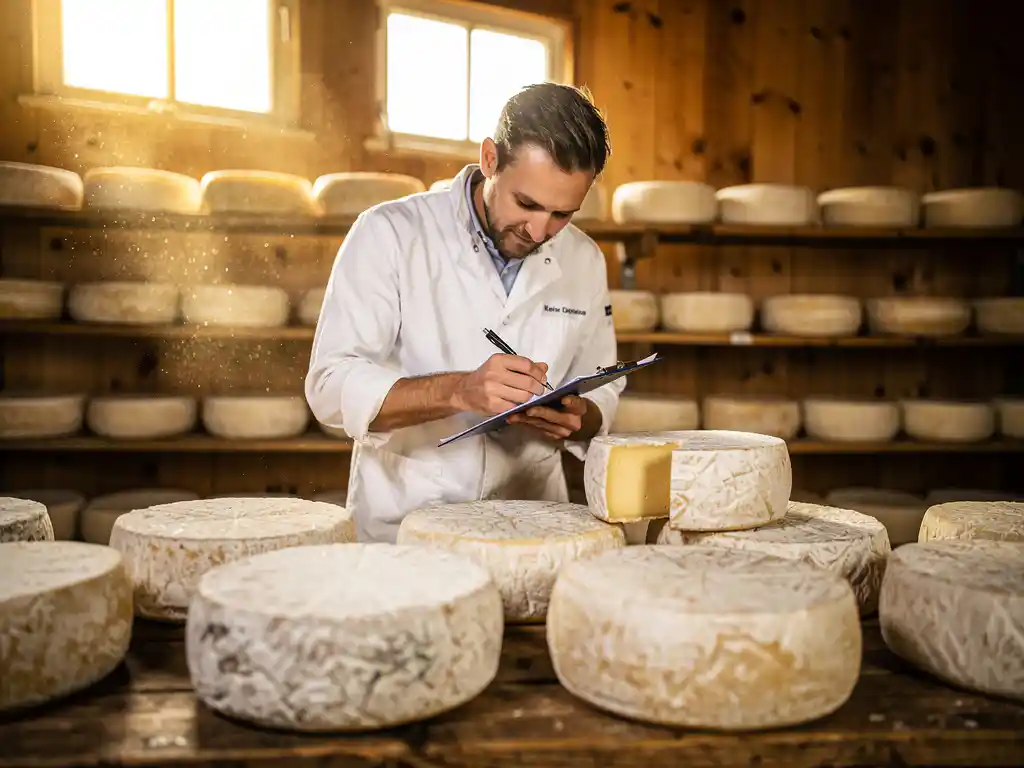 Professionele inkoper inspecteert artisanale geitenkazen op rustieke houten tafel in traditionele Nederlandse kaasrijpingskamer