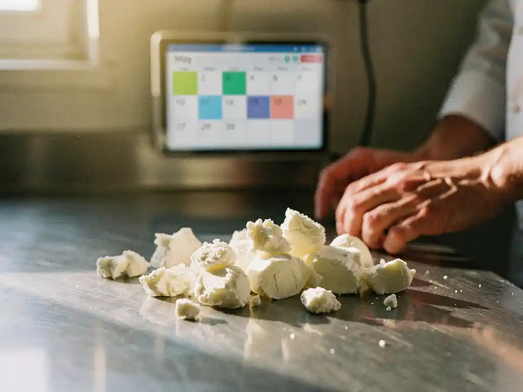 Verse witte geitenkaas kruimels verspreid over roestvrijstalen keukenblad met chef's handen en digitale kalender op achtergrond