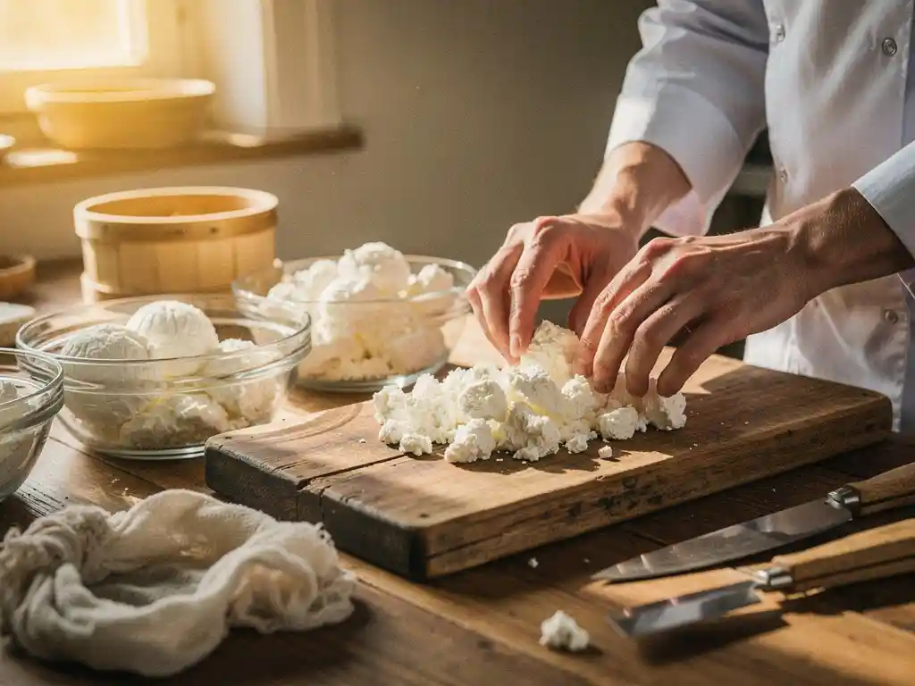 Voedselspecialist arrangeert witte geitenkaas kruimels op houten snijplank met glazen kommen en traditionele Nederlandse kaasgereedschappen