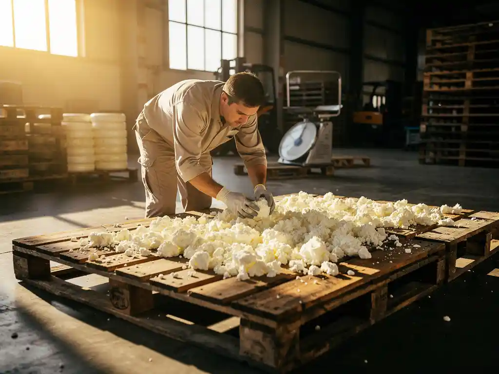 Magazijnmedewerker inspecteert witte verkruimelde geitenkaas op houten pallets, industriële weegschalen op achtergrond