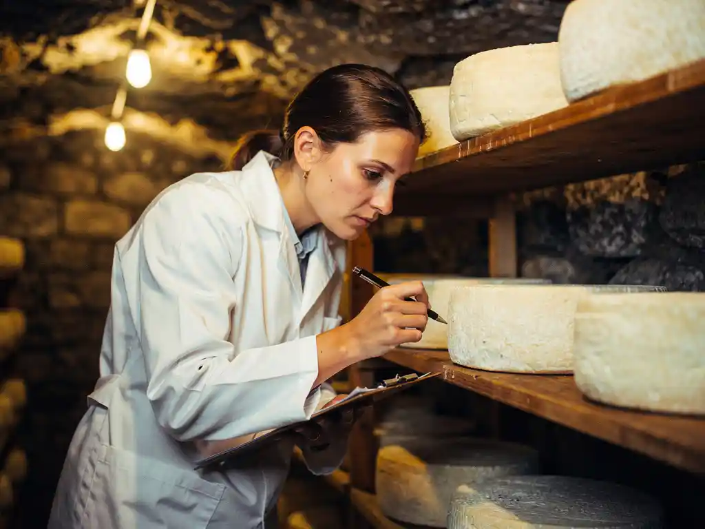 Kwaliteitsinspecteur in witte laboratoriumjas onderzoekt artisanale geitenkazen op houten planken in traditionele kaaskelder