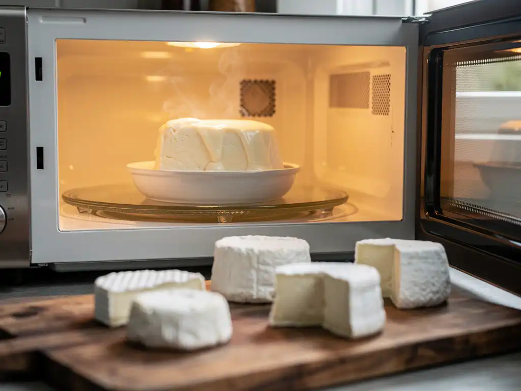 Smeltende witte geitenkaas in keramische schaal in open magnetron met stijgende stoom en warme verlichting