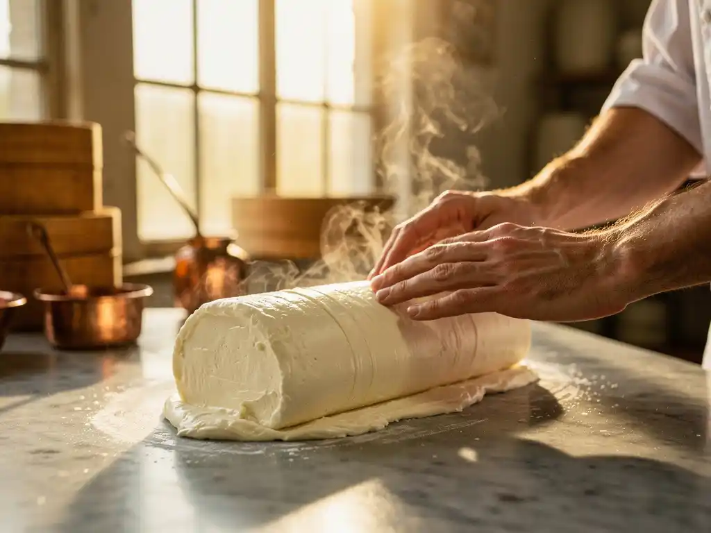 Kaasmaker vormt verse witte geitenkaas tot cilindervorm op marmeren werkblad met koperen gereedschap en houten vormen