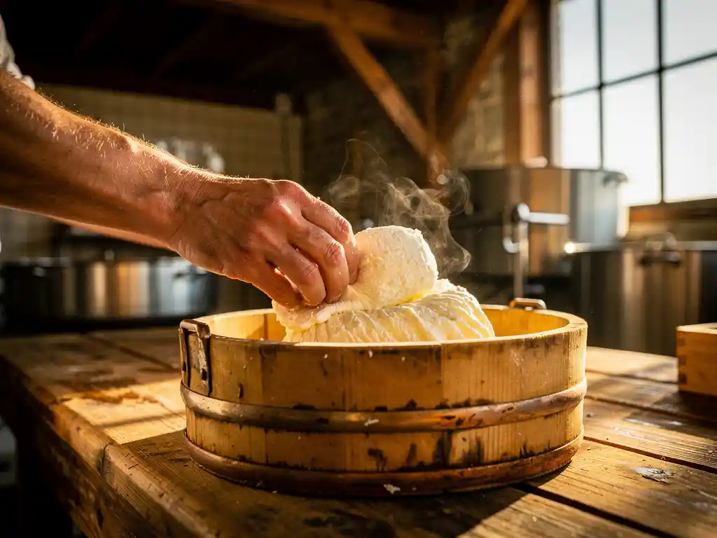 Kaasmaker vormt verse witte geitenkaas wrongel in traditionele houten vorm, stoom stijgt op in rustieke kaasmakerij