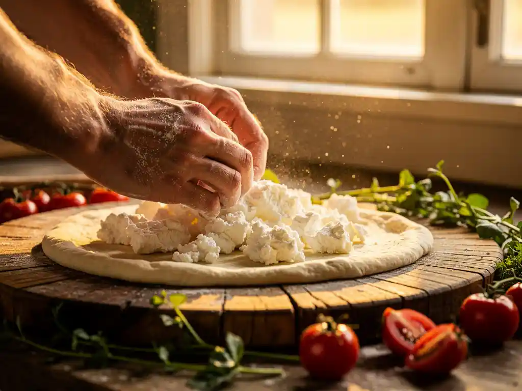 Kaasmaker strooit witte geitenkaas over houten pizzaschep met verse kruiden en kerstomaatjes in zonlicht
