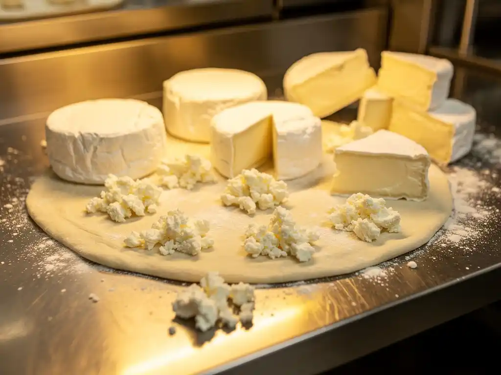 Verse witte geitenkaas wielen en kruimels op roestvrij stalen keukenblad met uitgerekte pizzadeeg voor professionele bereiding