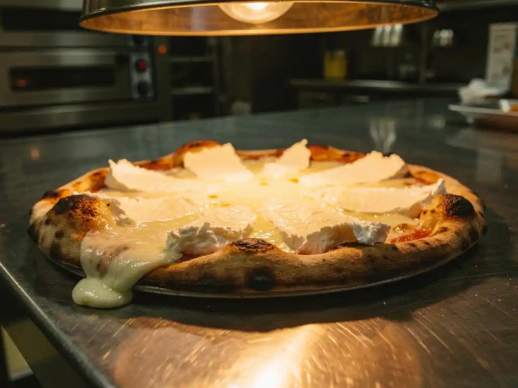Pizza met gesmolten geitenkaas op roestvrijstalen keukenteller in professionele pizzeria keuken