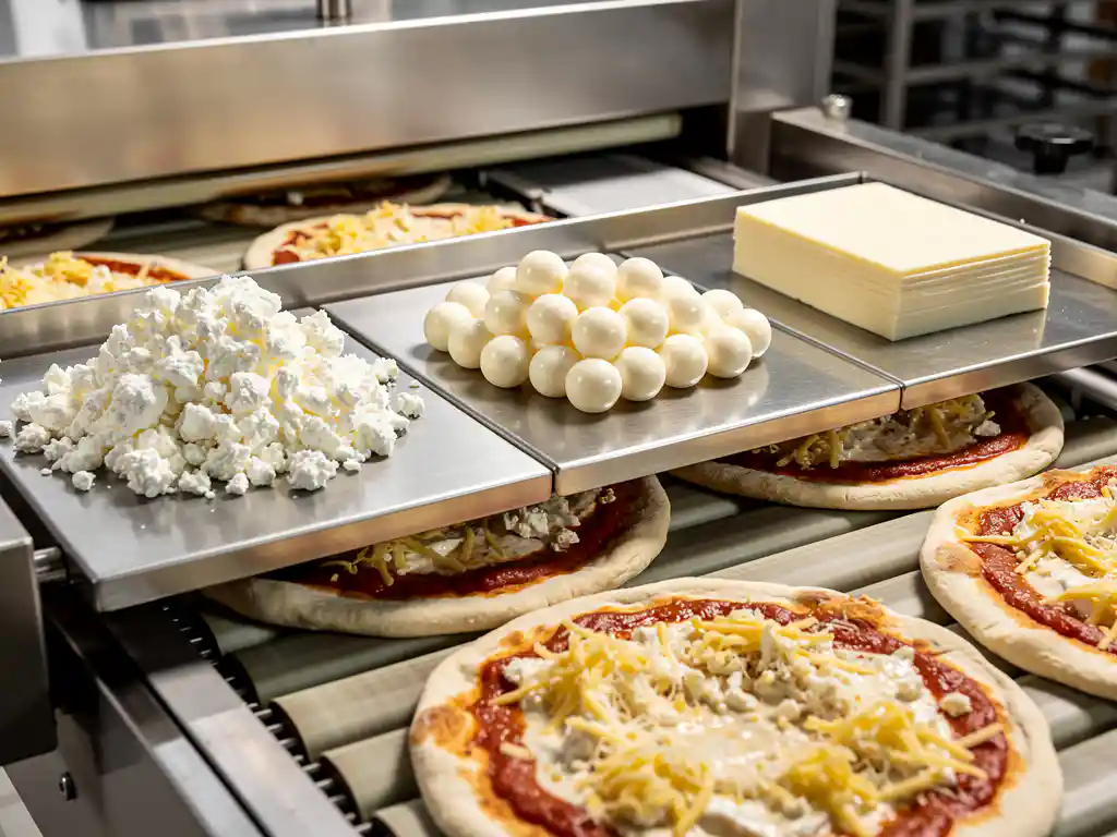 Roestvrijstalen pizzaproductielijn met drie verschillende vormen geitenkaas: kruimels, parels en plakjes op metalen dienbladen boven pizzabodems