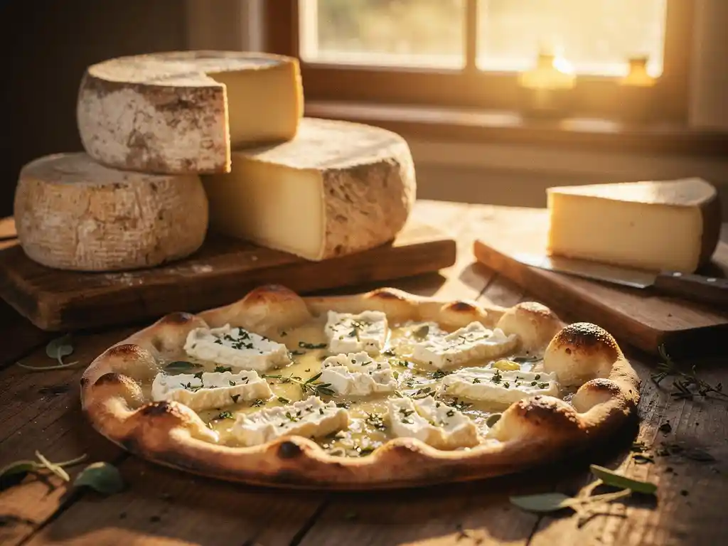 Rustieke houten tafel met artisanale geitenkaaspizza, verse kruiden en gerijpte geitenkaaswielen in warm licht