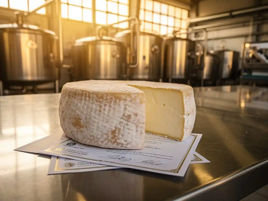 Gerijpte geitenkaas met natuurlijke korst op roestvrijstalen tafel in moderne kaasproductiefaciliteit