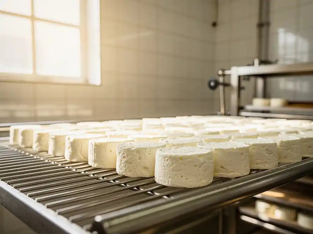 Stapel verse witte geitenkaas schijven op roestvrij stalen rek in moderne kaasproductiefaciliteit
