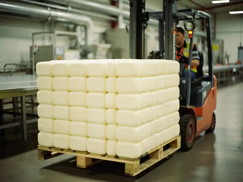 Houten pallet met verse witte geitenkaaswrongel blokken in industriële zuivelfabriek met vorkheftruck operator