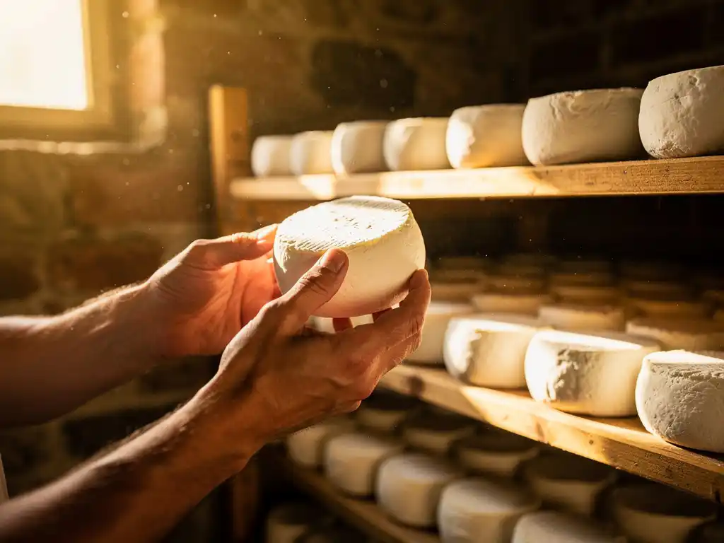 Kaasmaker inspecteert handgemaakte geitenkaas op houten rijpingsplanken in traditionele Nederlandse kaaskelder