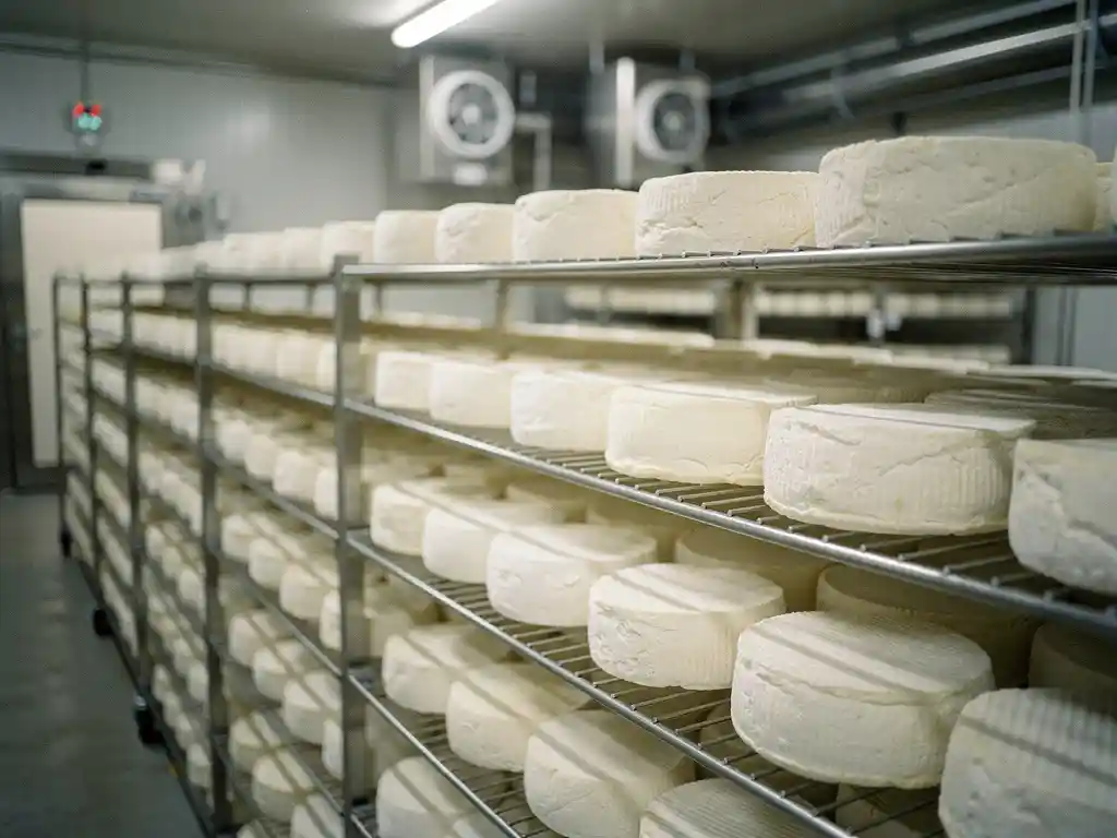 Verse witte geitenkaas rondjes op roestvrijstalen rekken in professionele kaasrijpingskamer met industriële apparatuur