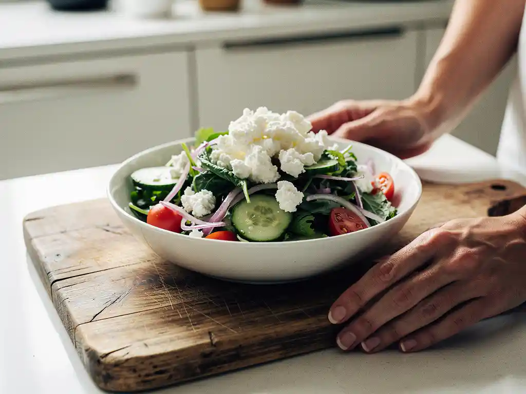 Witte keramische kom met verkruimelde geitenkaas op kleurrijke salade met verse groenten op houten snijplank