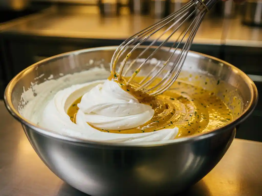 Professionele garde mengt romige geitenkaas door gouden kruidenolie in roestvrijstalen kom in commerciële keuken